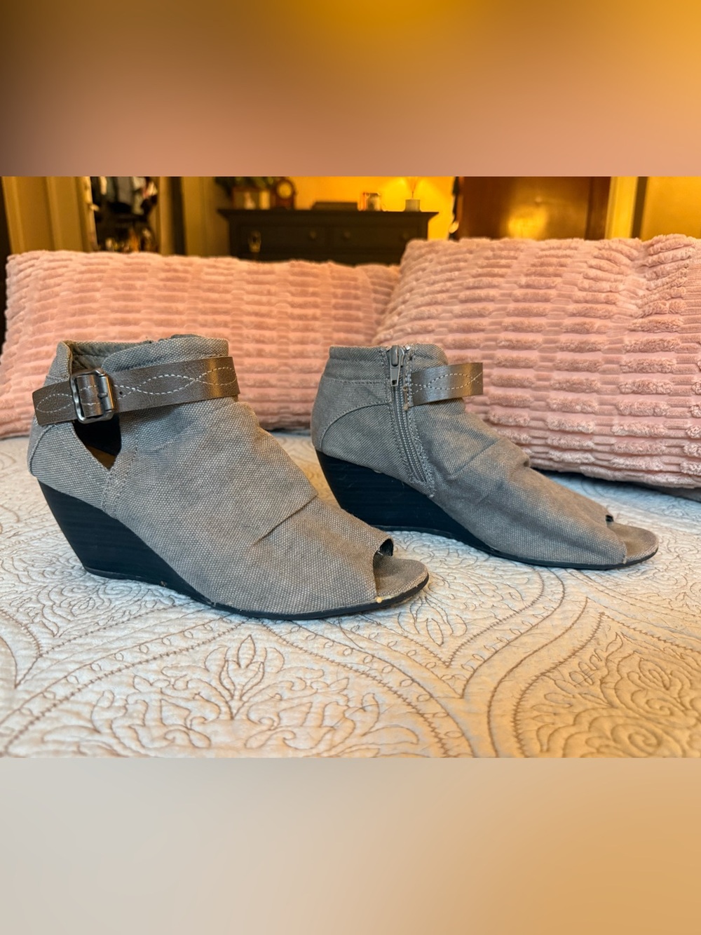 Open-Toe Gray Canvas Wedge Booties with Ankle Strap